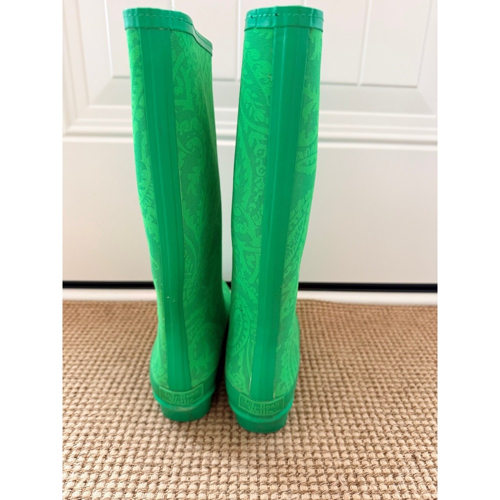 LL Bean Wellie Rain Boots Womens 7 Green Paisley Waterproof - Picture 2 of 5